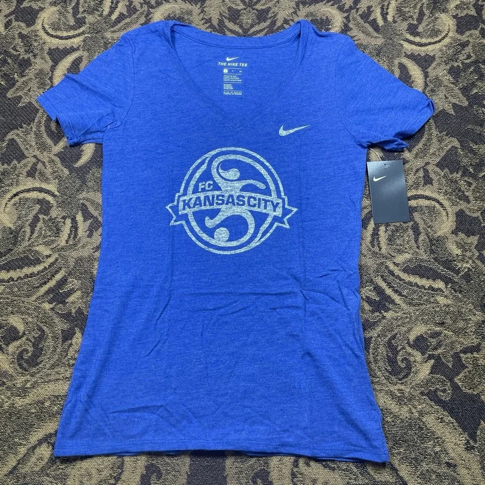 Nike Kansas City FC Soccer NWSL women's v-neck t-shirt Size Small New Blue